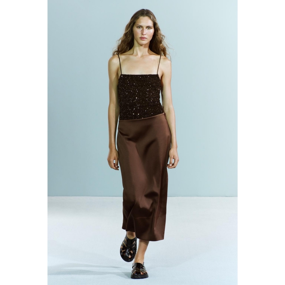 Zara Brown Satin Midi Skirt